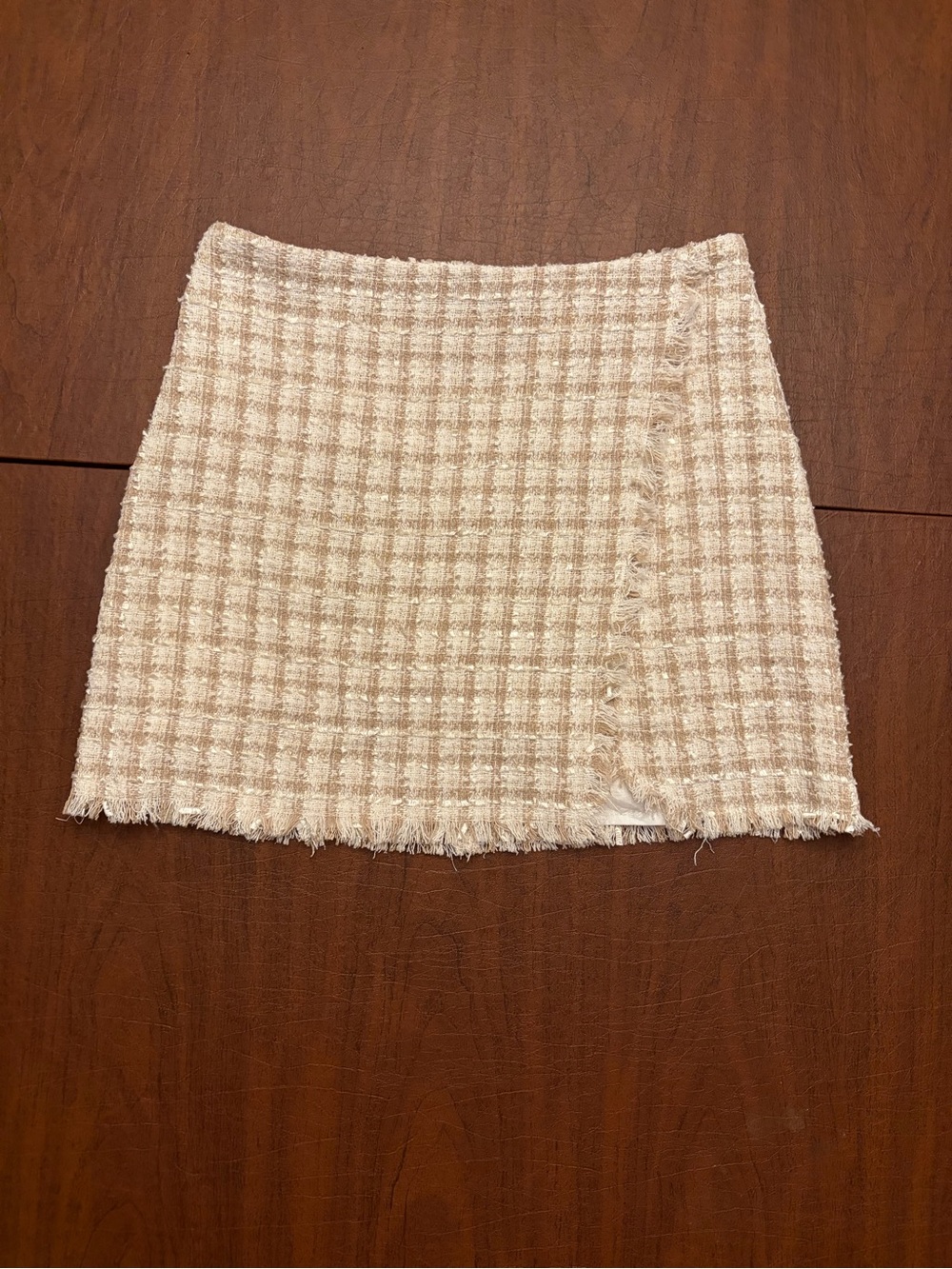 Lulu's Cream Plaid Tweed Fringe Mini Skirt